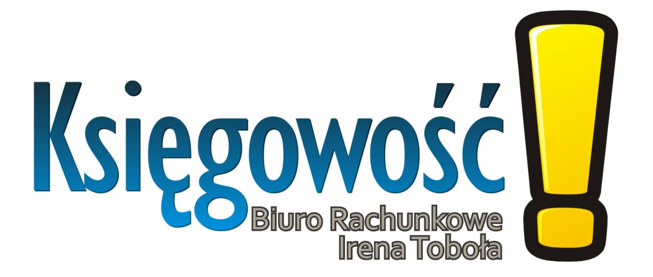 Niebieski napis 'Księgowość' z żółtym wykrzyknikiem, pod nim szary tekst 'Biuro Rachunkowe Irena Toboła' na białym tle.