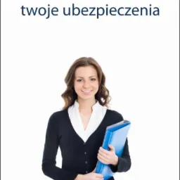 Baner reklamowy firmy ubezpieczeniowej: logo Spectrum, uśmiechnięta kobieta z niebieskim folderem, infolinia i adres strony internetowej.