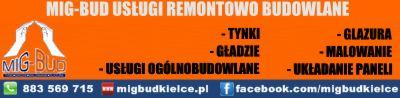 Baner firmy MIG-BUD oferującej usługi remontowo-budowlane: tynki, gładzie, glazura, malowanie, układanie paneli oraz usługi ogólnobudowlane. Kontakt: 883 569 715.