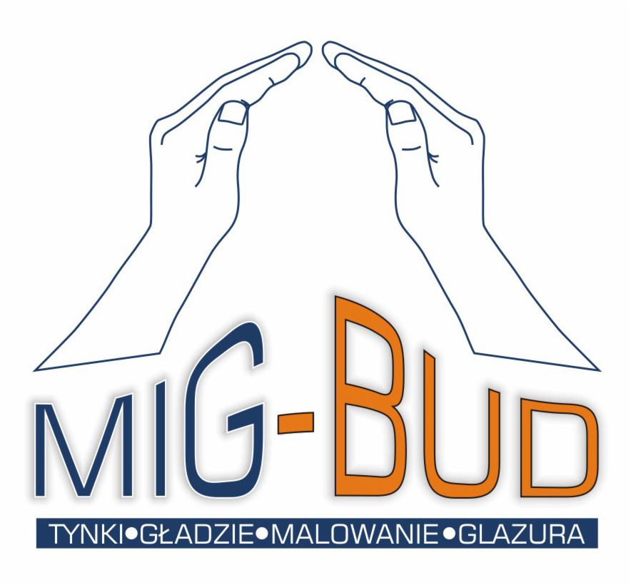Logo firmy MIG-BUD z dłońmi tworzącymi dach, oferującej tynki, gładzie, malowanie i glazurę. Napis MIG w kolorze niebieskim, BUD pomarańczowy.