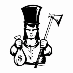 Czarno-biała ilustracja mężczyzny w cylindrze trzymającego worek z symbolem dolara i topór.