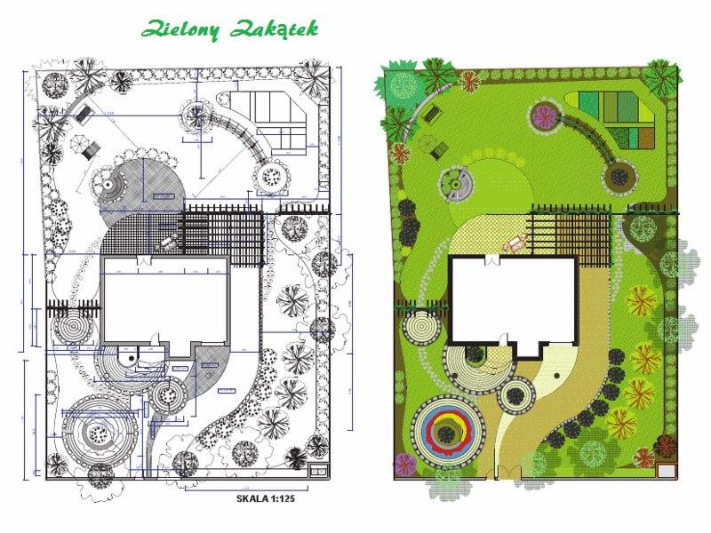 Plan zagospodarowania ogrodu z widokiem z góry, prezentujący rozkład roślinności, ścieżek i elementów architektonicznych w dwóch wersjach: technicznej (czarno-białej) i kolorowej, z podpisem...
