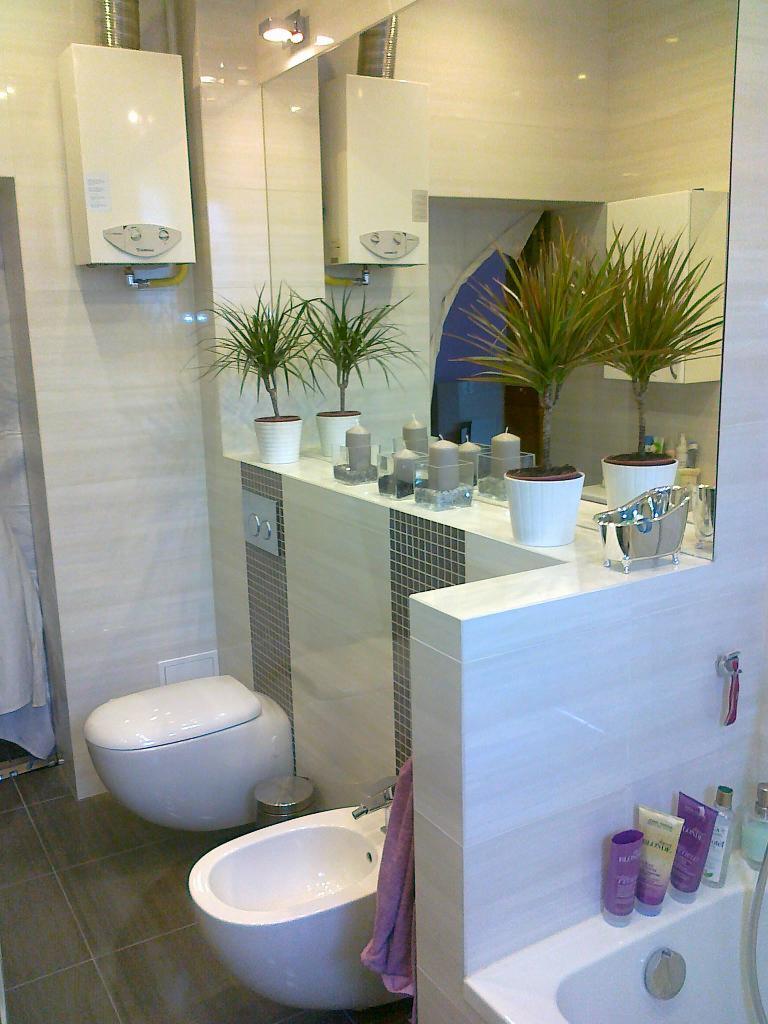 Wykończona łazienka w jasnych barwach z toaletą, bidetem, umywalką i dużym lustrem. Na blacie rośliny doniczkowe i świece. Widoczny bojler na ścianie.