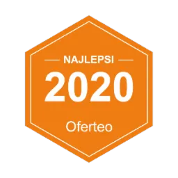 Pomarańczowa odznaka Oferteo z napisem 'Najlepsi 2020' w białym obramowaniu.