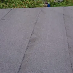 Szary, płaski dach pokryty papą z widocznymi łączeniami i niewielkimi uszkodzeniami, z zielenią w tle.