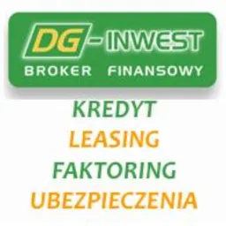Logo DG-Invest Broker Finansowy z ofertą kredytu, leasingu, faktoringu i ubezpieczeń na białym tle. Grafika informacyjna, prosta kompozycja.