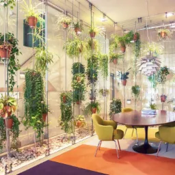 Nowoczesna przestrzeń biurowa z szklanymi ścianami, wzdłuż których wiszą liczne doniczki z roślinami, okrągły stół z czterema krzesłami w kolorze limonkowym i designerska lampa wisząca.