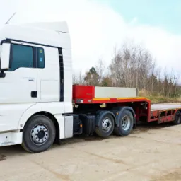 Biała ciężarówka MAN z niskopodwoziową naczepą, widok z boku, w tle drzewa bez liści.