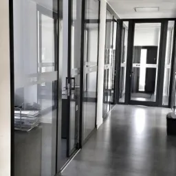 Szklane drzwi wewnętrzne w czarnych ramach oddzielające pomieszczenia biurowe, widoczne biurko z dokumentami za szybą i szary betonowy korytarz.