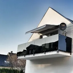 Szklana balustrada balkonu z czarnymi elementami mocującymi na tle błękitnego nieba i odbijających się w szkle budynków, z widoczną markizą przeciwsłoneczną i anteną satelitarną.