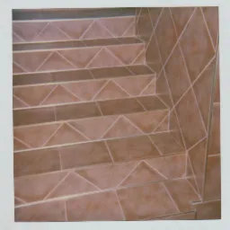 Schody wyłożone brązowymi płytkami ceramicznymi z białymi fugami, tworzącymi wzór rombów.