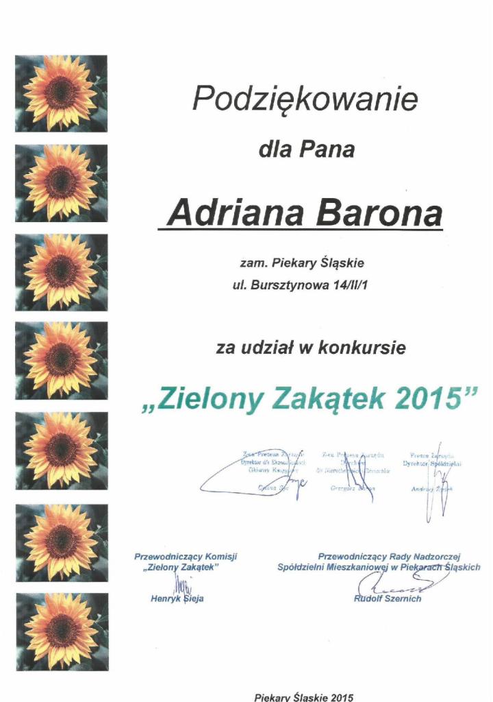 Dyplom uznania z podziękowaniem za udział w konkursie 'Zielony Zakątek 2015' dla Adriana Barona, ozdobiony grafiką słoneczników po lewej stronie.