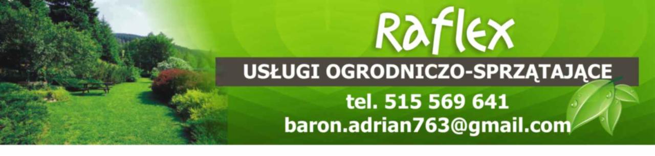 Baner firmy Raflex oferującej usługi ogrodniczo-sprzątające z widokiem na zadbany ogród, numerem telefonu i adresem e-mail na zielonym tle.