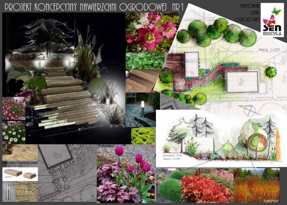 Koncepcja nawierzchni ogrodowej: kolaż szkiców i zdjęć roślinności, drewnianych elementów, oświetlenia i planu zagospodarowania, prezentująca projekt ogrodu.