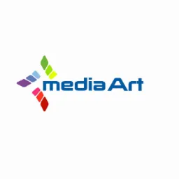 Logo firmy Media Art z niebieskim napisem i abstrakcyjnym symbolem w kształcie gwiazdy złożonej z kolorowych elementów.