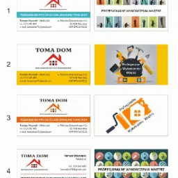 Cztery różne projekty wizytówek firmy budowlanej 'Toma Dom' z logo przedstawiającym dom z czerwonym dachem, zawierające dane kontaktowe właściciela, adres i NIP.
