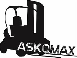 Czarno-biała grafika wózka widłowego z nazwą firmy ASKOMAX. Stylizowany, uproszczony wizerunek maszyny na białym tle. Logo firmy z zaakcentowaną nazwą.