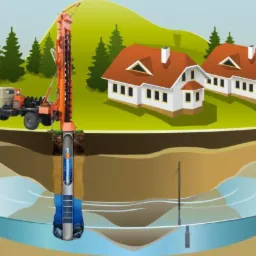 Ilustracja schematyczna: Wiercenie studni głębinowej z użyciem maszyny wiertniczej na tle domów i przekroju geologicznego z warstwą wodonośną.
