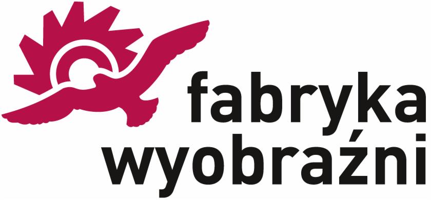 Logo firmy 'Fabryka Wyobraźni' z symbolem graficznym przypominającym ptaka w locie, wkomponowanego w zębatkę, utrzymane w kolorach czerni i bordo.