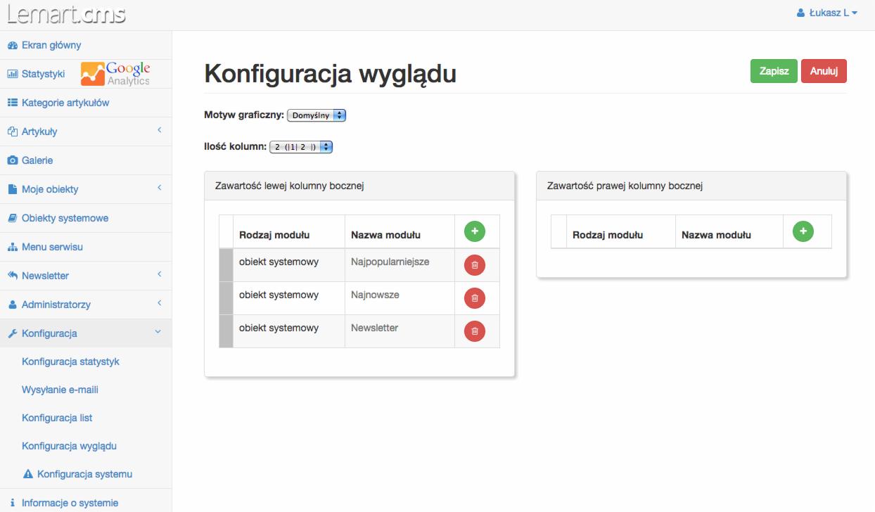 Panel administracyjny CMS z widoczną konfiguracją wyglądu, ustawienia motywu graficznego i ilości kolumn, moduły w lewej kolumnie boczne: Najpopularniejsze, Najnowsze, Newsletter.