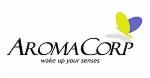 Logo AromaCorp z motylem w barwach żółto-niebieskich. Czarny napis 'AROMACORP' nad hasłem 'wake up your senses'. Minimalistyczny design.