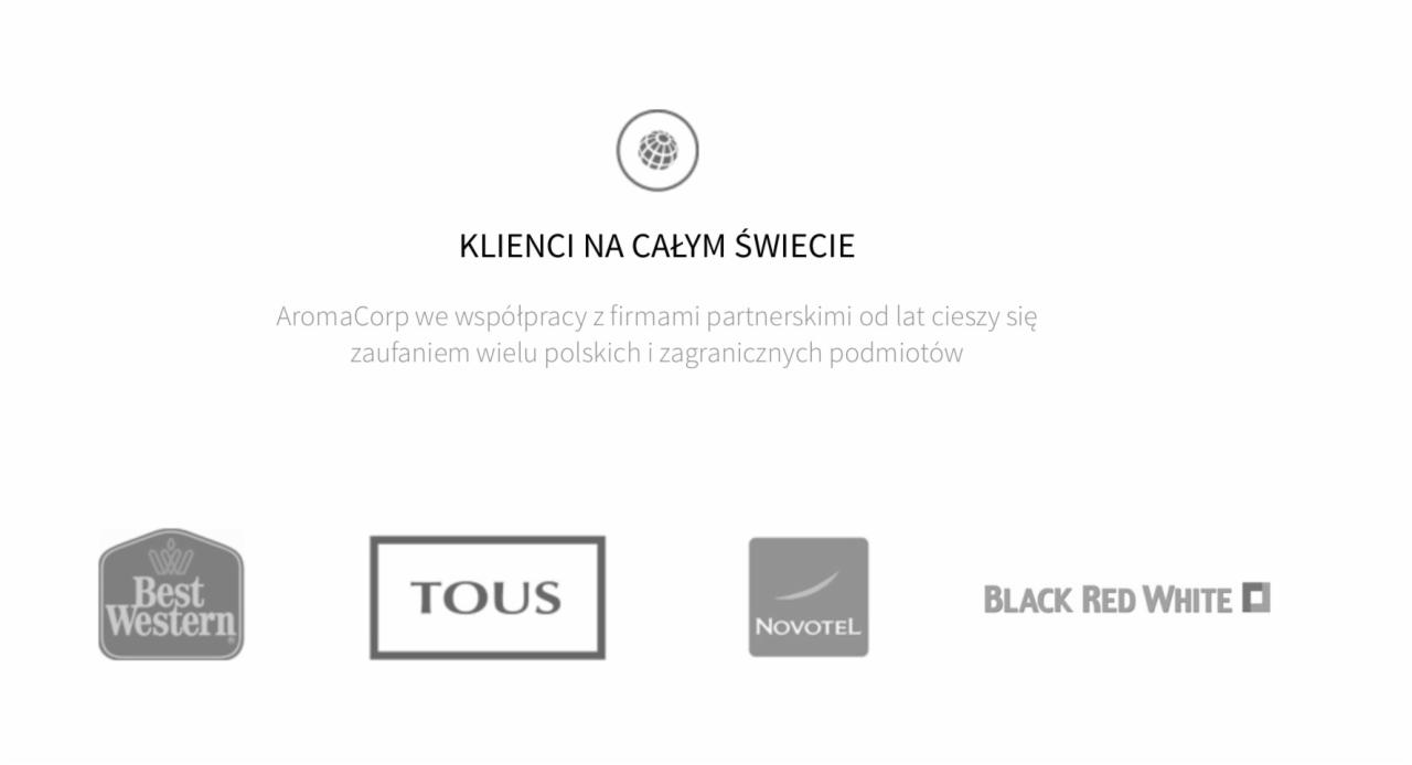Prezentacja klientów AromaCorp: Best Western, TOUS, Novotel, Black Red White. Tekst: Klienci na całym świecie. Współpraca z polskimi i zagranicznymi podmiotami.