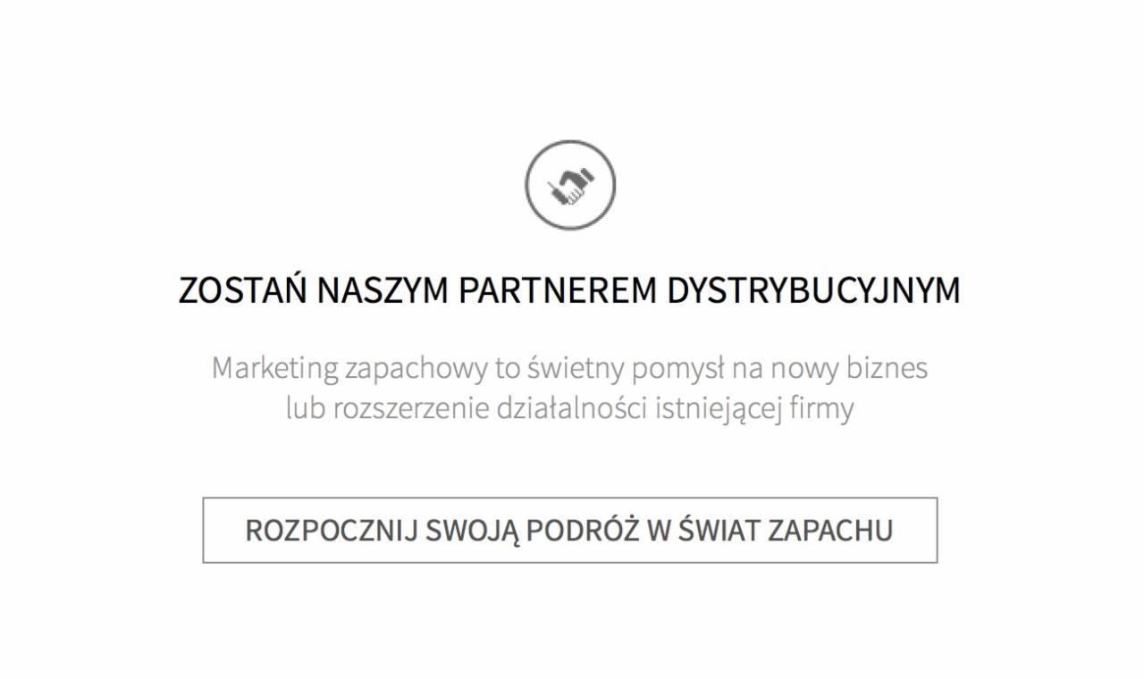 Grafika informacyjna: Zostań naszym partnerem dystrybucyjnym. Marketing zapachowy to świetny pomysł na biznes. Rozpocznij swoją podróż w świat zapachu.
