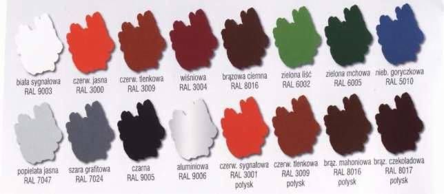 Paleta kolorów farb z oznaczeniami RAL, prezentująca odcienie bieli, czerwieni, brązu, zieleni, szarości i czerni.