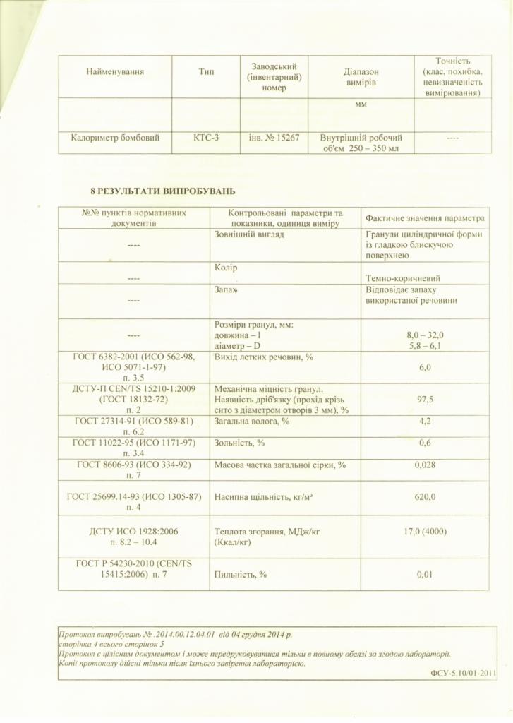 Protokół badania pelletu drzewnego z wynikami analizy parametrów, takich jak wilgotność, zawartość popiołu i ciepło spalania. Widoczne normy i daty.