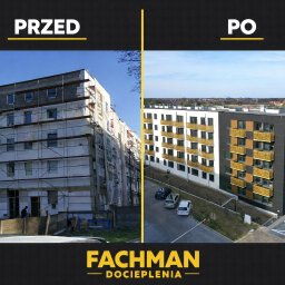 FACHMAN - Zdjęcie 'przed i po' prezentujące budynek wielorodzinny: z lewej w trakcie ocieplania ze rusztowaniami, z prawej po renowacji z nową elewacją, balkonami i parkingiem.