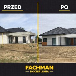 FACHMAN - Dom jednorodzinny przed i po ociepleniu elewacji. Widoczne zmiany w wyglądzie zewnętrznym budynku, od stanu surowego do wykończonego, z uwzględnieniem detali.
