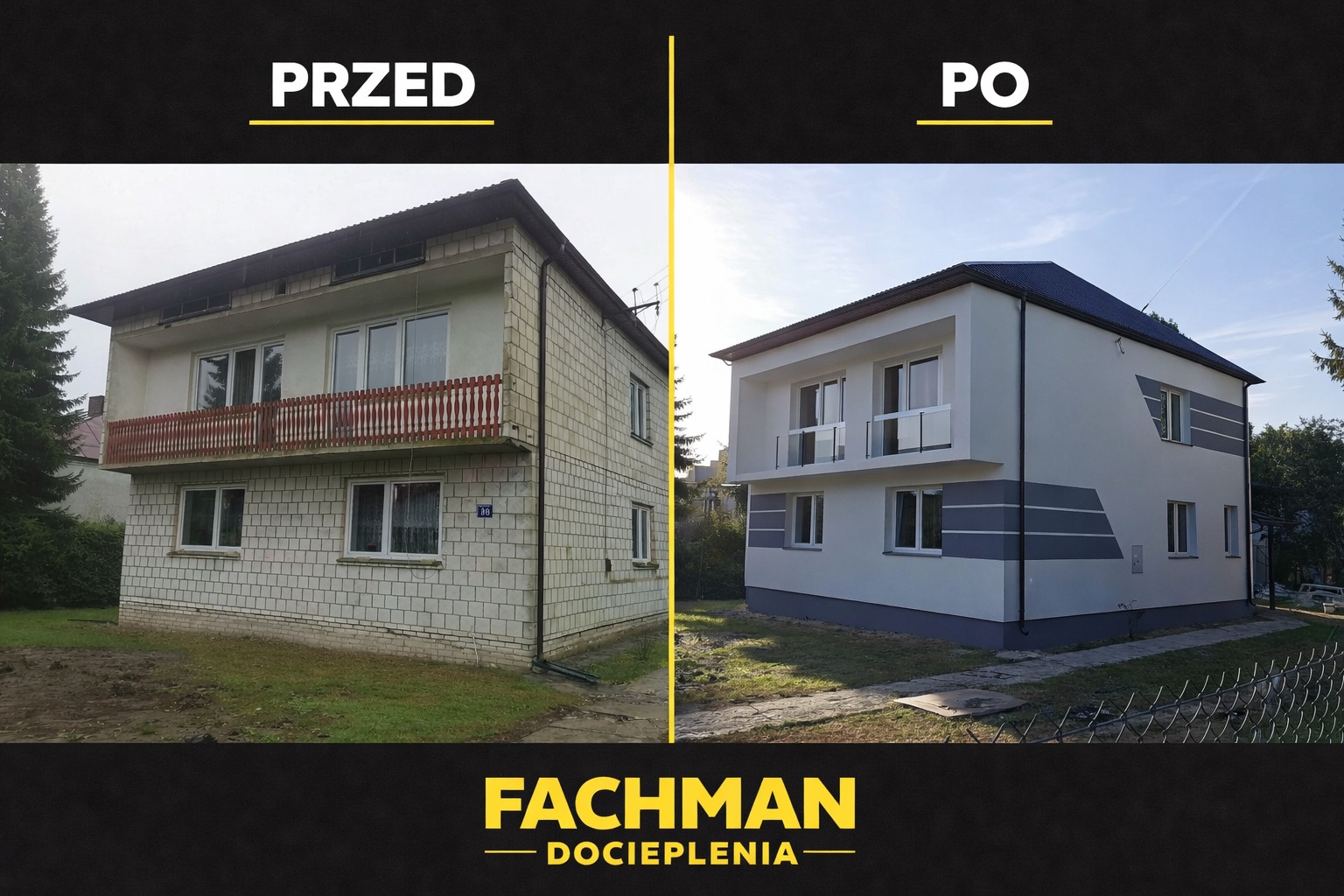 Dom dwukondygnacyjny przed i po renowacji elewacji. Po prawej stronie budynek po ociepleniu i pomalowaniu na biało z szarymi akcentami. Widoczne nowe balustrady balkonowe.