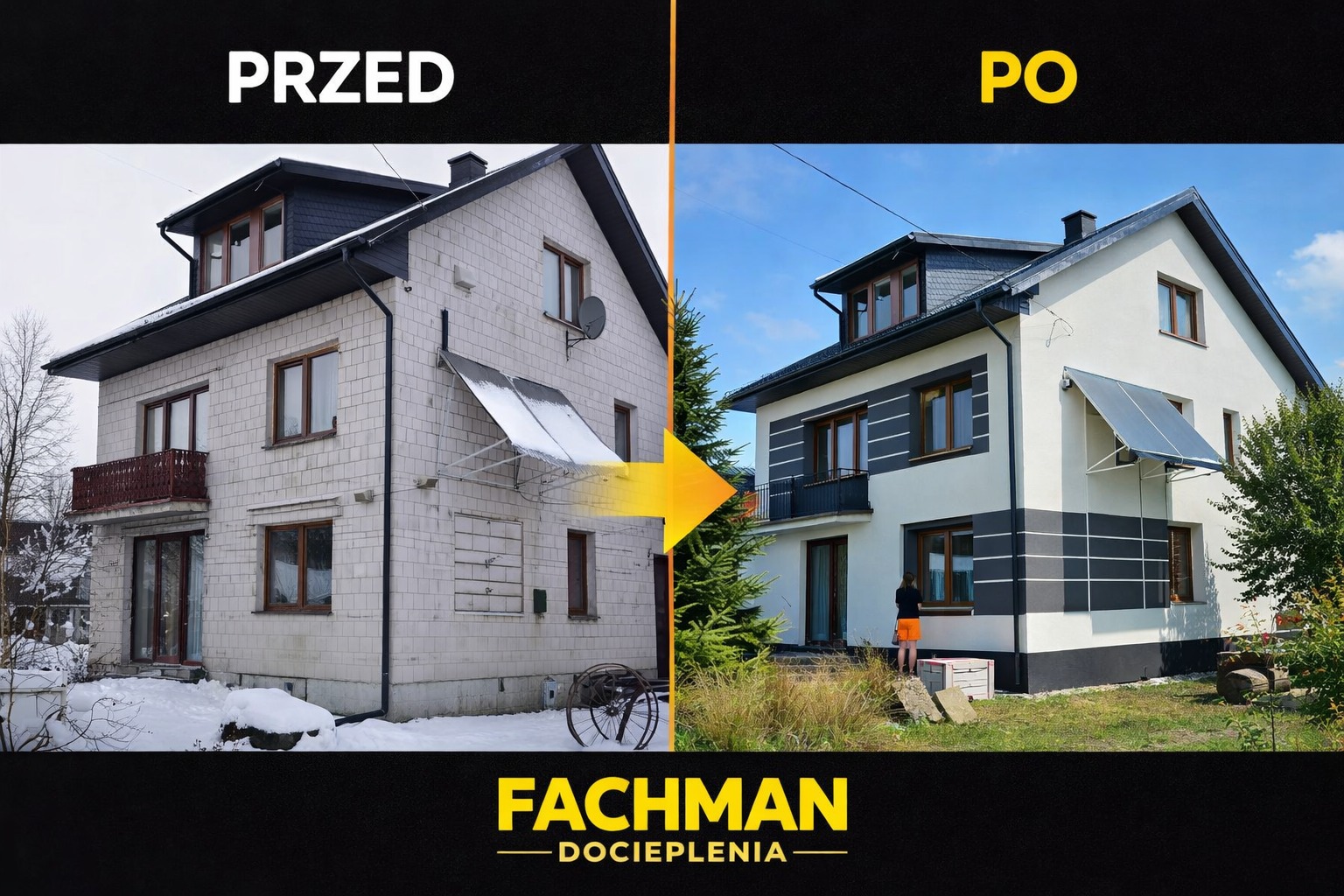 Dom przed i po ociepleniu elewacji w Księżpolu. Widoczna metamorfoza budynku: od surowej cegły do nowoczesnej, ocieplonej fasady z elementami dekoracyjnymi.