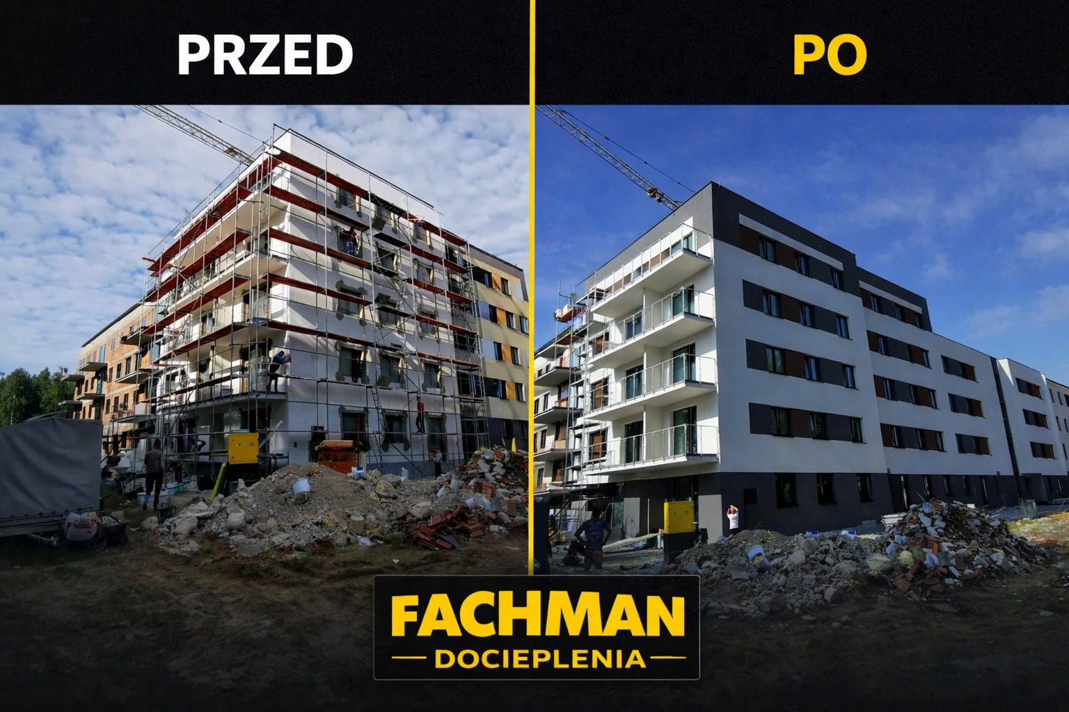 Budynek przed i po renowacji elewacji. Po lewej budynek w rusztowaniach, po prawej odnowiony, z nową elewacją w bieli i szarości. Widoczne logo firmy.