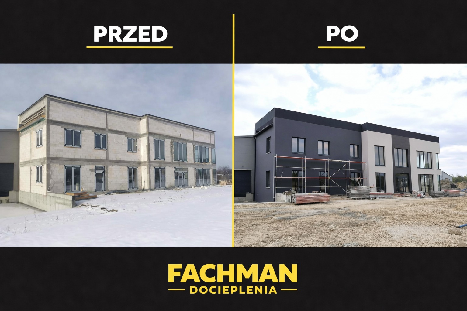 Budynek przed i po ociepleniu elewacji. Po prawej budynek z pomalowaną elewacją w odcieniach szarości i bieli, po lewej surowy budynek w zimowej scenerii.