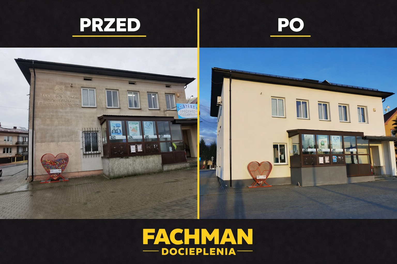 Budynek przed i po renowacji elewacji. Po lewej stronie budynek przed renowacją, po prawej odnowiony budynek z nową elewacją i ociepleniem.