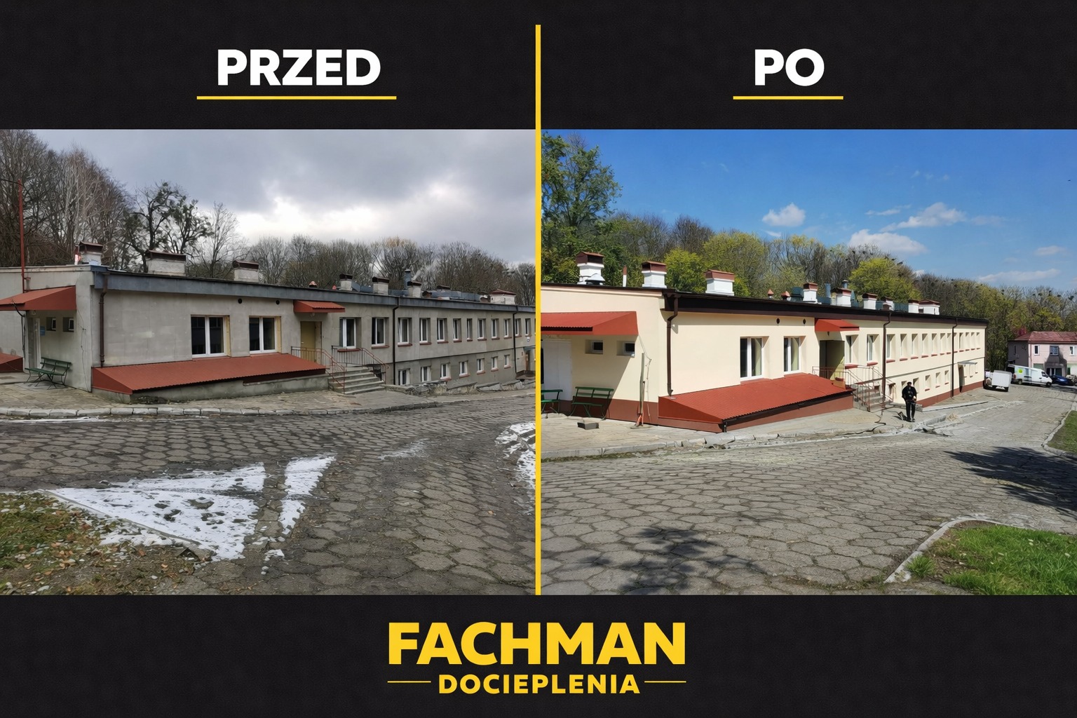 Budynek przed i po renowacji elewacji. Po prawej stronie odnowiona fasada w jasnym kolorze, po lewej szara elewacja. Widoczny fragment chodnika i zieleni.