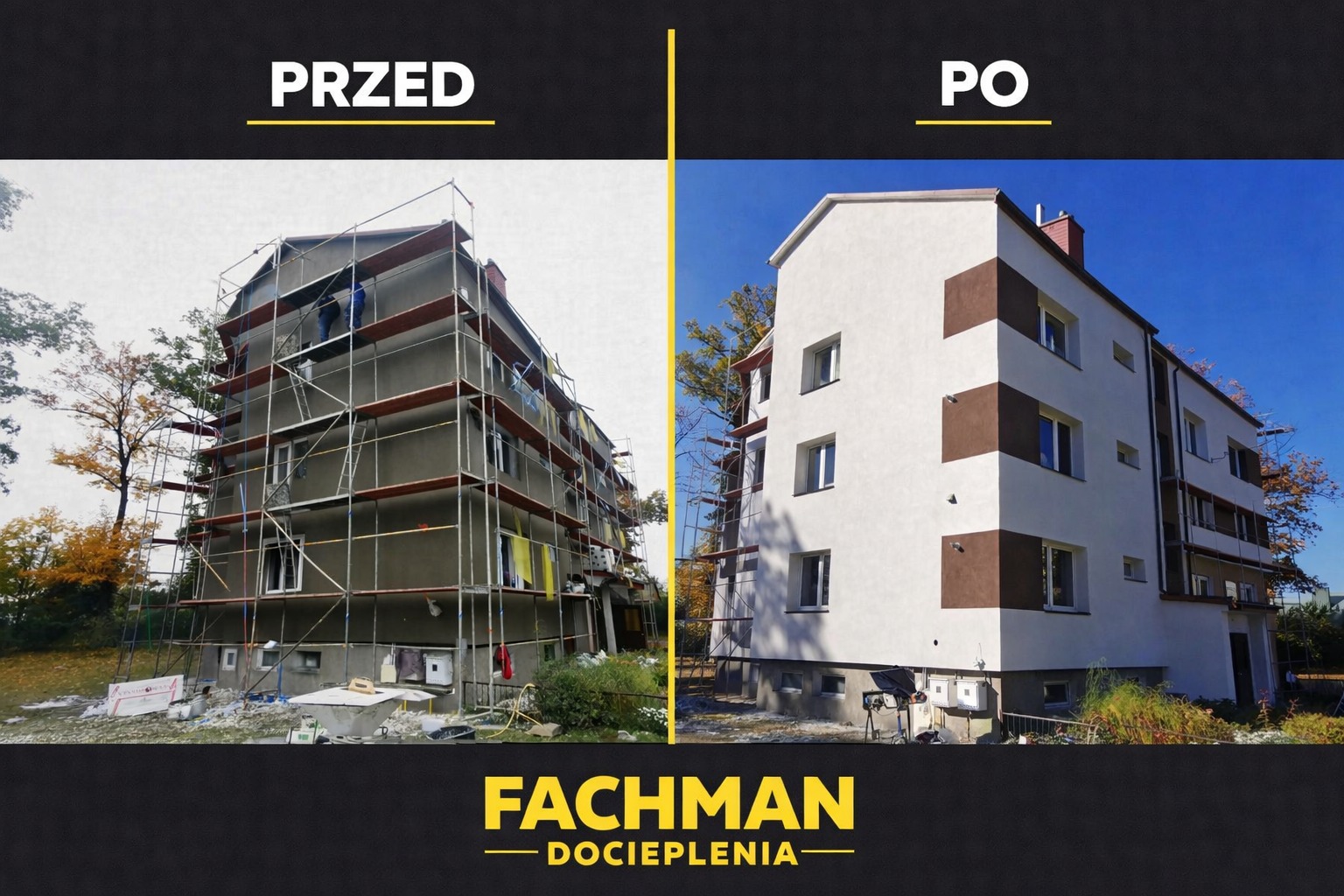 Budynek przed i po renowacji elewacji. Po lewej budynek w rusztowaniach, po prawej odnowiony, z białą elewacją i brązowymi akcentami. Widoczne drzewa i błękitne niebo.