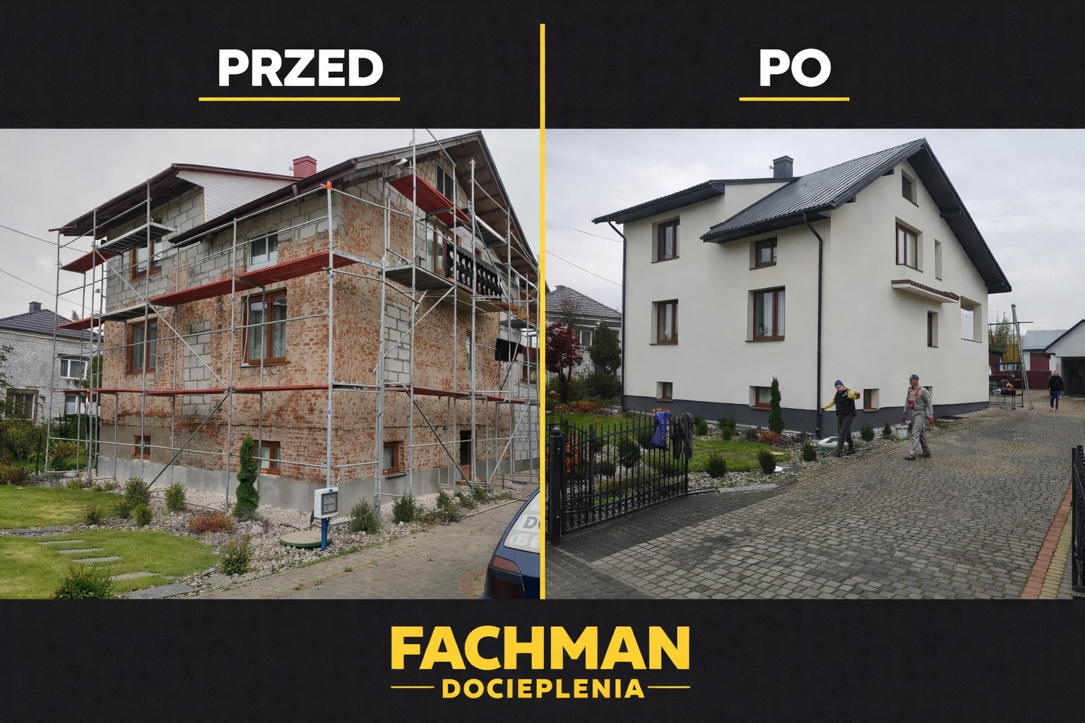 Dom przed ociepleniem na rusztowaniu i po ociepleniu z nową elewacją w jasnym kolorze. Zdjęcie typu 'przed i po' z logo firmy na dole.