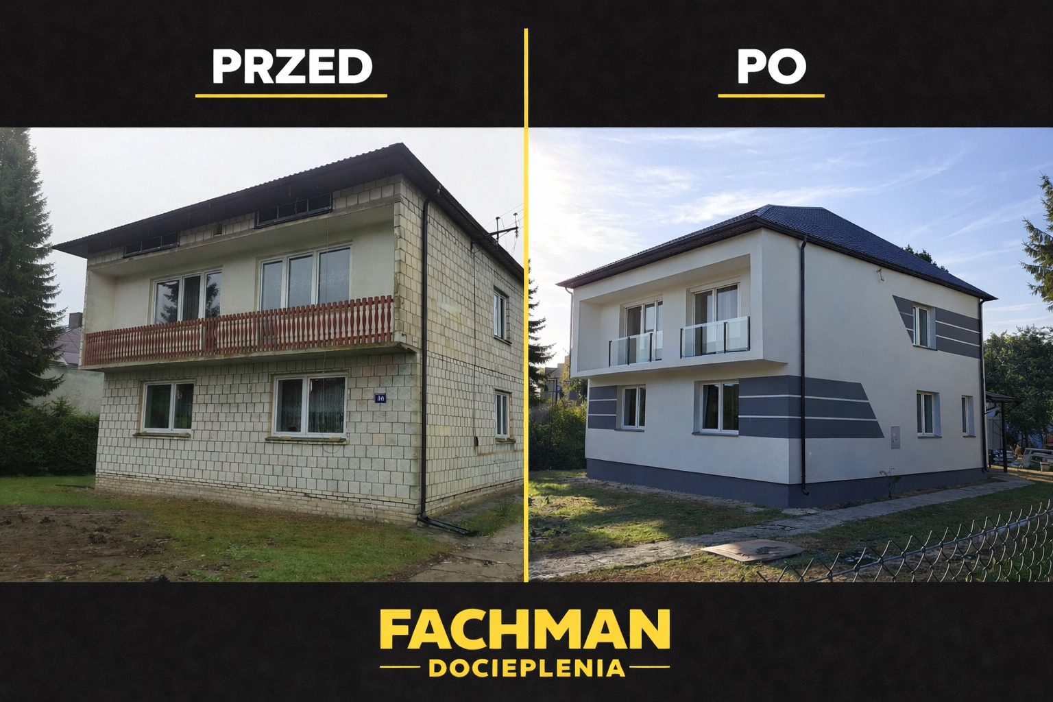 Dom przed i po renowacji elewacji. Po lewej budynek przed, z surową elewacją. Po prawej odnowiony, ocieplony budynek z nową elewacją w jasnych kolorach.