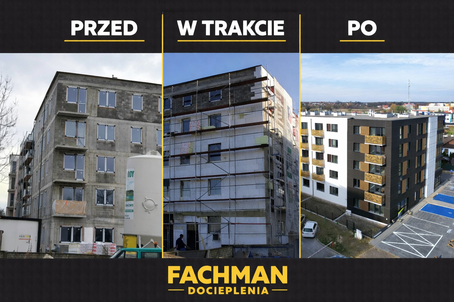 Budynek wielorodzinny w trzech etapach: stan surowy, ocieplanie styropianem na rusztowaniach, gotowa elewacja z balkonami. Prezentacja 'przed, w trakcie i po'.