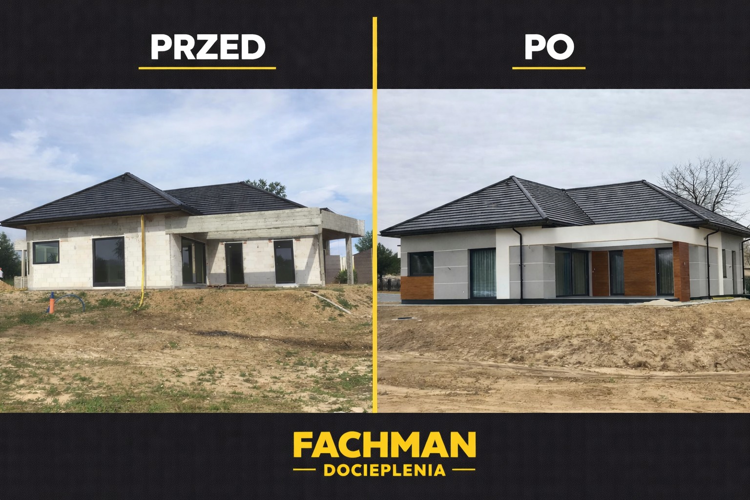 Dom jednorodzinny przed i po ociepleniu elewacji. Widoczne zmiany w wyglądzie zewnętrznym budynku, od stanu surowego do wykończonego, z uwzględnieniem detali.