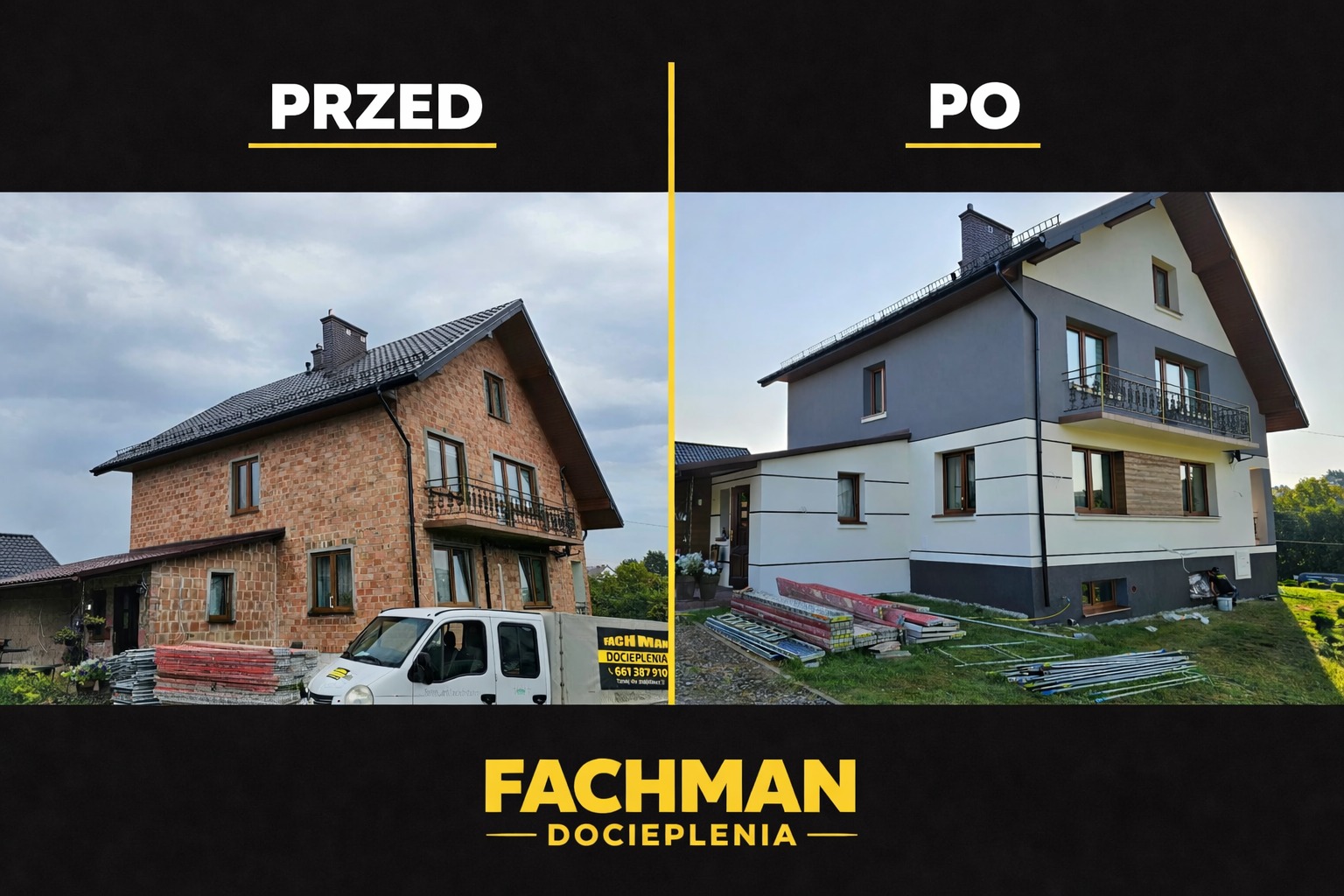 Dom przed i po renowacji elewacji. Po lewej budynek z cegły, po prawej ocieplony i pomalowany na szaro-biało. Widoczne rusztowania i samochód dostawczy.