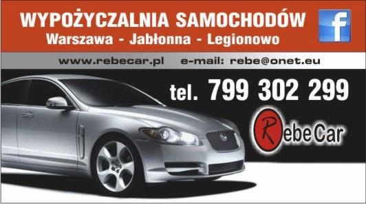 Wizytówka wypożyczalni samochodów RebeCar z Warszawy, Jabłonny i Legionowa. Srebrny Jaguar XF na czarno-pomarańczowym tle z danymi kontaktowymi.