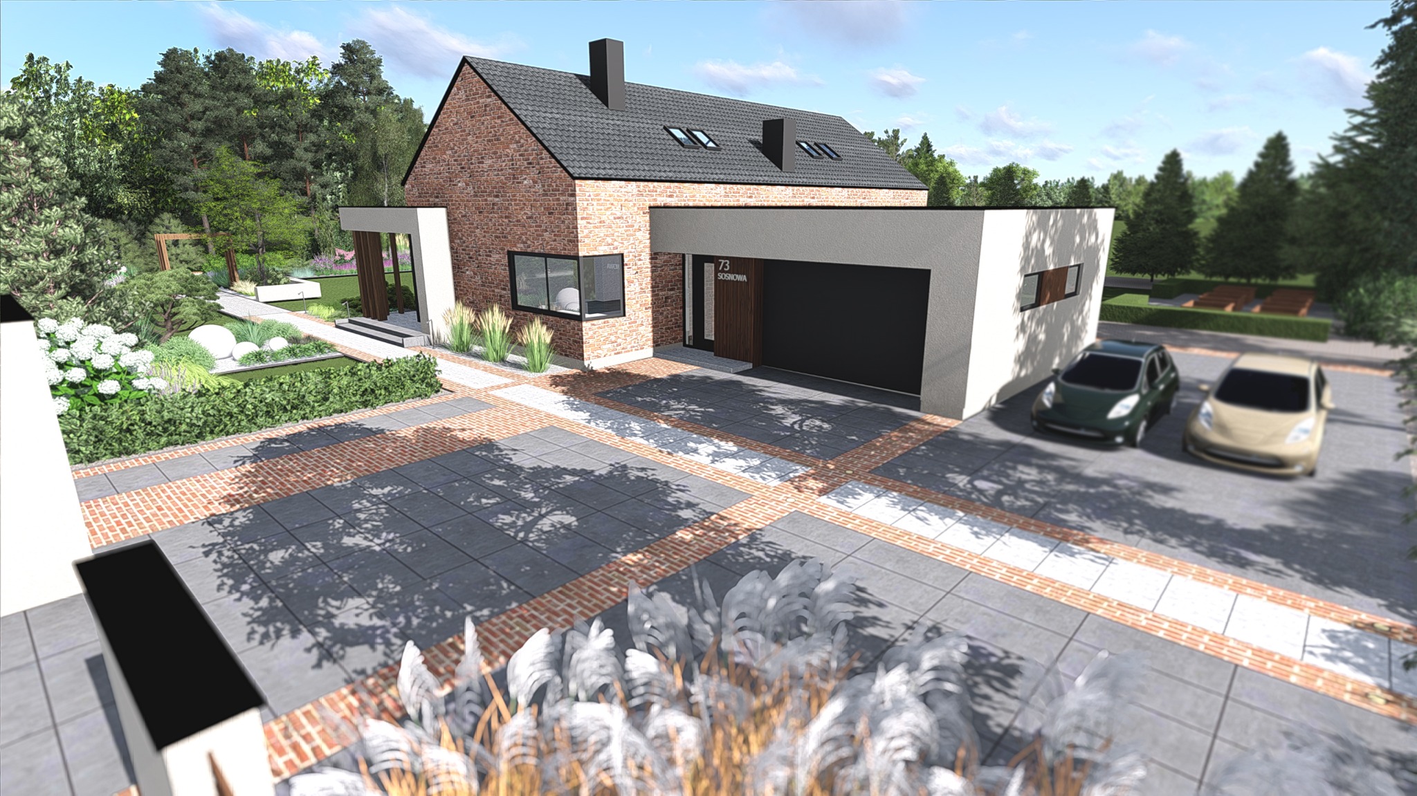 Wizualizacja domu jednorodzinnego z ogrodem, ukazująca elewację z cegły, garaż z bramą, chodnik z kostki, starannie zaprojektowaną zieleń, dwa samochody elektryczne oraz elementy małej architektury.