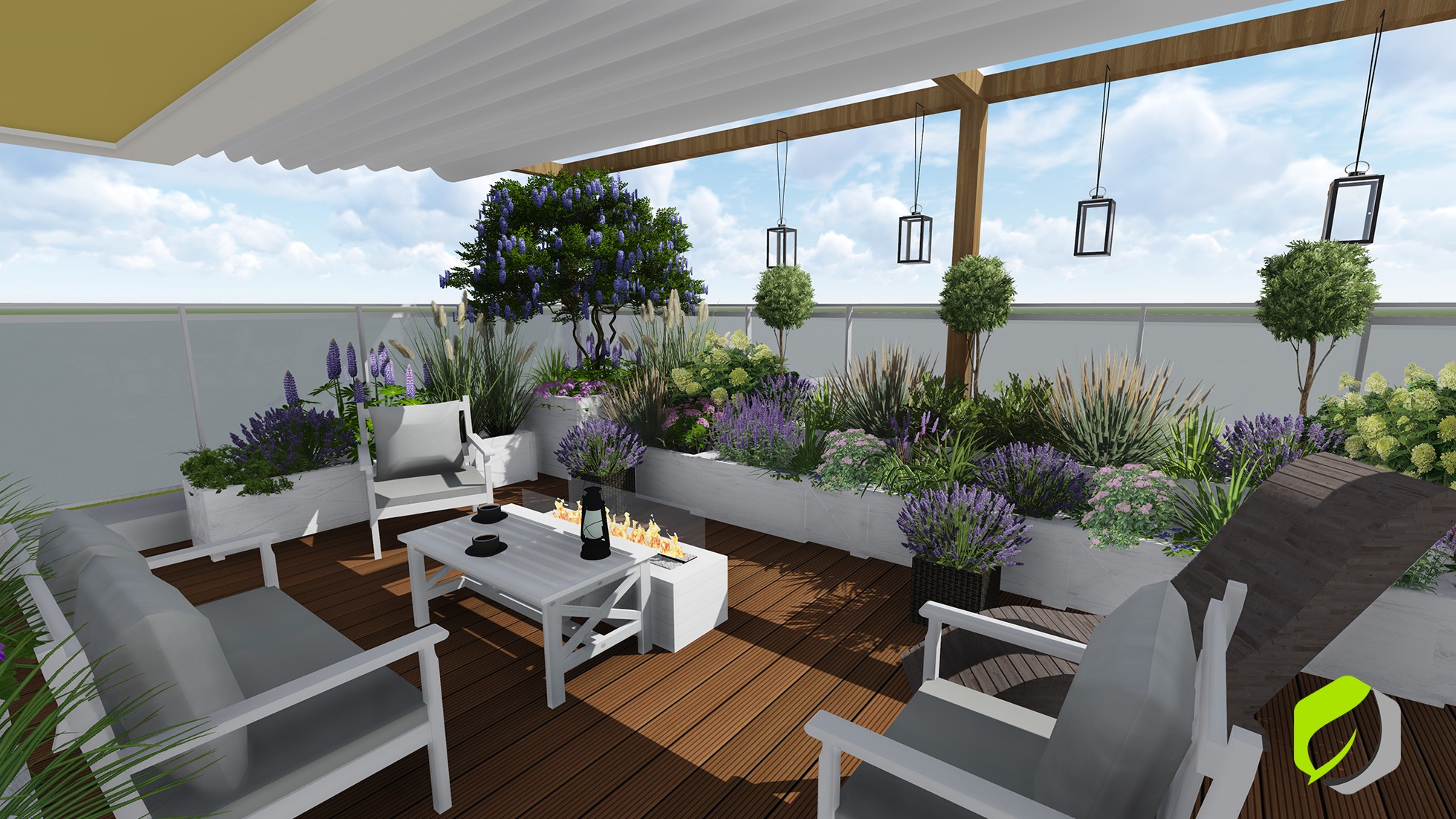 Wizualizacja tarasu na dachu z drewnianą podłogą, meblami ogrodowymi, roślinami w donicach, lampami wiszącymi i ozdobnym paleniskiem gazowym.