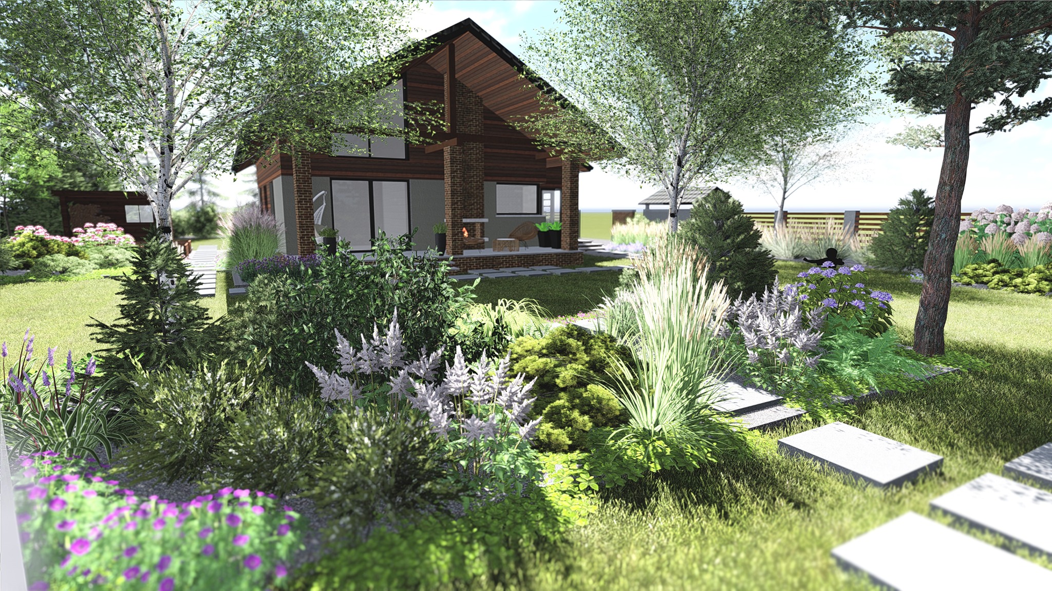 Wizualizacja ogrodu z nowoczesnym domem z cegły, ścieżka z płyt prowadzi przez bujną roślinność, w tle widoczne drzewa i krzewy.