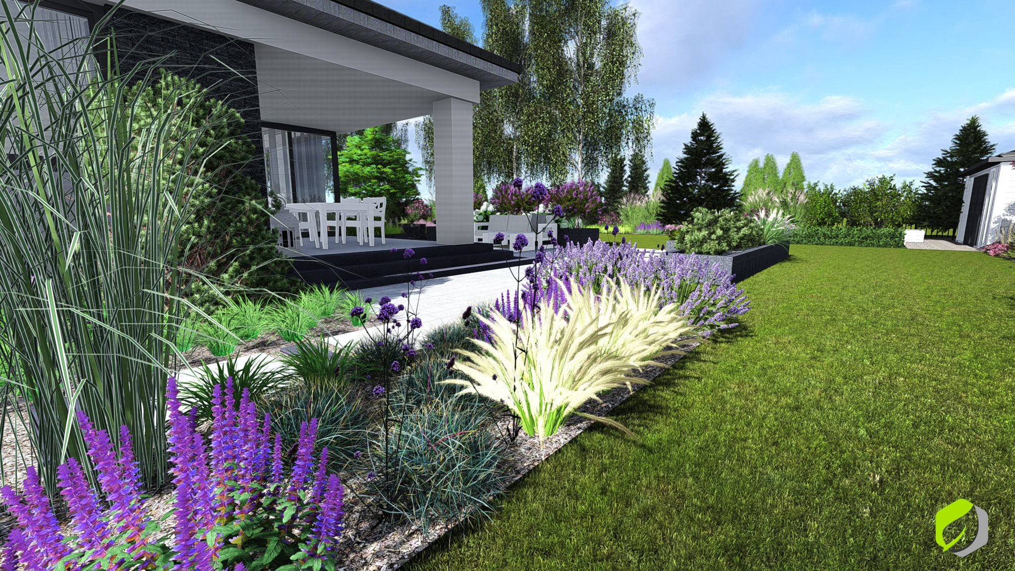 Wizualizacja ogrodu z kwitnącą lawendą i ozdobnymi trawami, w tle nowoczesny dom z tarasem i białymi meblami ogrodowymi.