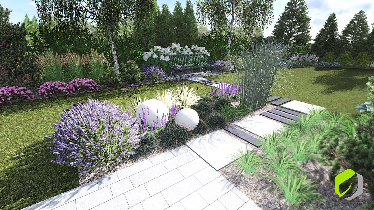 Wizualizacja ogrodu z kwitnącą lawendą, białymi kulami dekoracyjnymi i ścieżką z białych płyt prowadzącą do ławki w tle.
