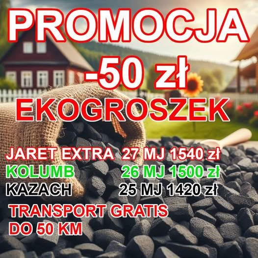 Promocja ekogroszku: worek węgla na tle domu i gór. Oferta z cenami Jaret Extra, Kolumb, Kazach. Transport gratis do 50 km. Słonecznik w tle.